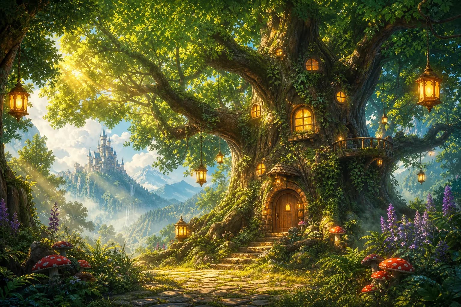Enchanted forest with a fairy-tale treehouse